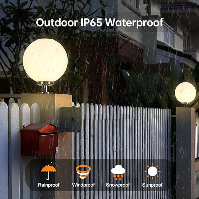 Solar Post Cap Lights Outdoor, 11.8" Fence Pedestal Globe Post Lamp, Stainless Steel IP65 Waterproof External Column Light, Vintage LED dimmable Pillar Lights for Farmhouse Lawn Road Driveway