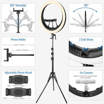 NEEWER 19 inch 2.4G Ring Light with Stand, 3 Phone Holders, 2.4G USB Transmitter for Mac/PC Remote Control, Touch Panel, Smooth Dimming at 1%, 3200K-5600K for Selfie TikTok Live Streaming Zoom, RP19H