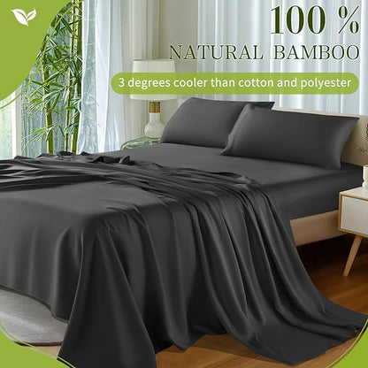 Shilucheng 100% Viscose Derived from Bamboo_ Sheets King Size 4pcs - Ultra Cooling & Silky Soft Bed Sheets, 16" Deep Pocket, Perfect for Hot Sleepers, Hotel Bedding Sheets (Black)