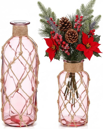 Chuangdi Set of 2 Coastal Glass Vases Christmas Vases for Flowers with Boho Rope Christmas Centerpieces for Tables Small Beach Bottle for Nautical Wedding Floral Arrangement Decorations(Pink)