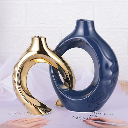 LCCCK Blue and Gold Ceramic Vases for Home Decor, Boho Vase for Flowers Pampas Grass Decorative, Navy Blue Hollow Donut Small Vase for Living Room Table Wedding Centerpiece Modern Vases
