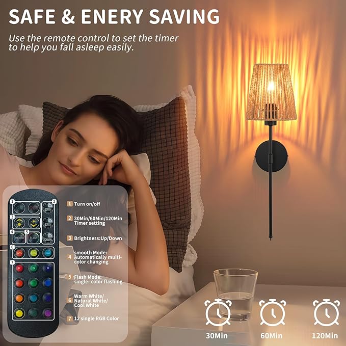 Battery Operated Wall Sconces Set of two, Black Rattan Shade Wireless Wall Lights with Remote Rechargeable Bulbs, 15 Colors and Dimmable, Cordless Battery Powered Wall Lamp for Living Room Bedroom
