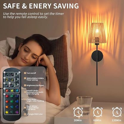 Battery Operated Wall Sconces Set of two, Black Rattan Shade Wireless Wall Lights with Remote Rechargeable Bulbs, 15 Colors and Dimmable, Cordless Battery Powered Wall Lamp for Living Room Bedroom