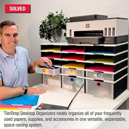 Desktop Organizer 12 Letter Tray Sorter PLUS Riser Base, 3 Supply & 3 Storage Drawers - TierDrop PLUS Keeps All of Your Documents & Supplies in Clear View & Within Arm's Reach Using Minimal Desk Space