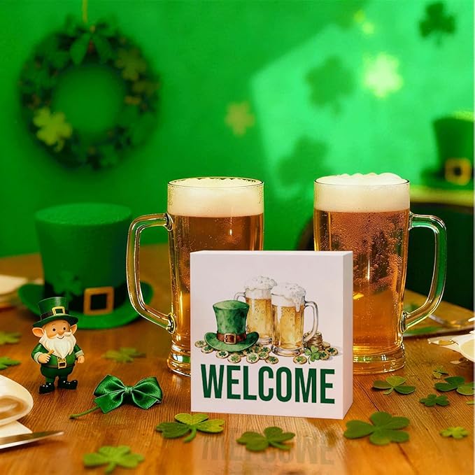 St. Patrick's Day Welcome Decor Wooden Box Sign, Irish Beer Hat Tabletop Welcome Sign for Home Bar Shelf Desk, Farmhouse Holiday Wooden Decor for Party Pub Irish Theme 5 x 5 Inches
