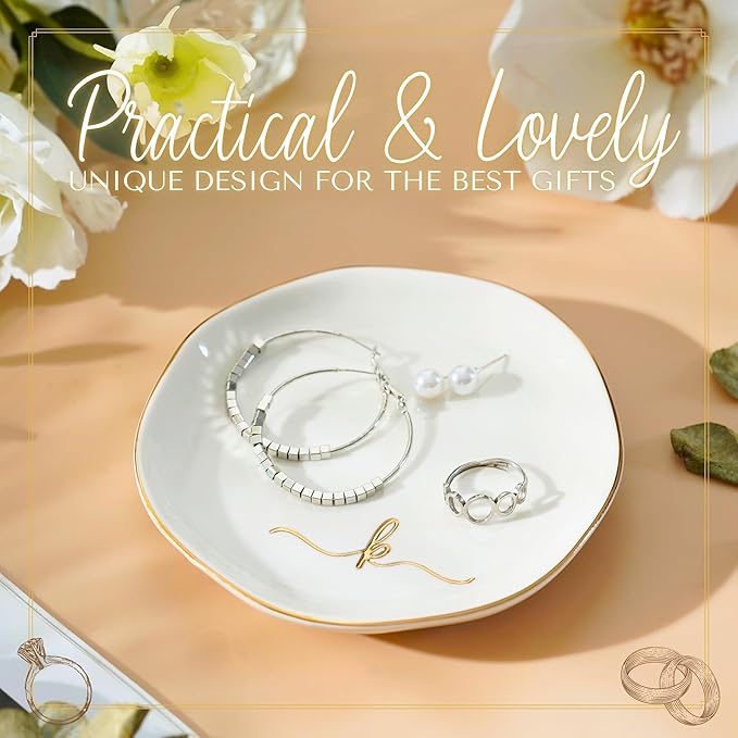 InnoBeta Ceramic Jewelry Tray, Decorative Trinket Dish for Rings Earrings Necklaces Bracelet Watch Keys, Birthday for Women, Mother's Day Christmas Gift for Women, 4.75", White Surface Gold (N)