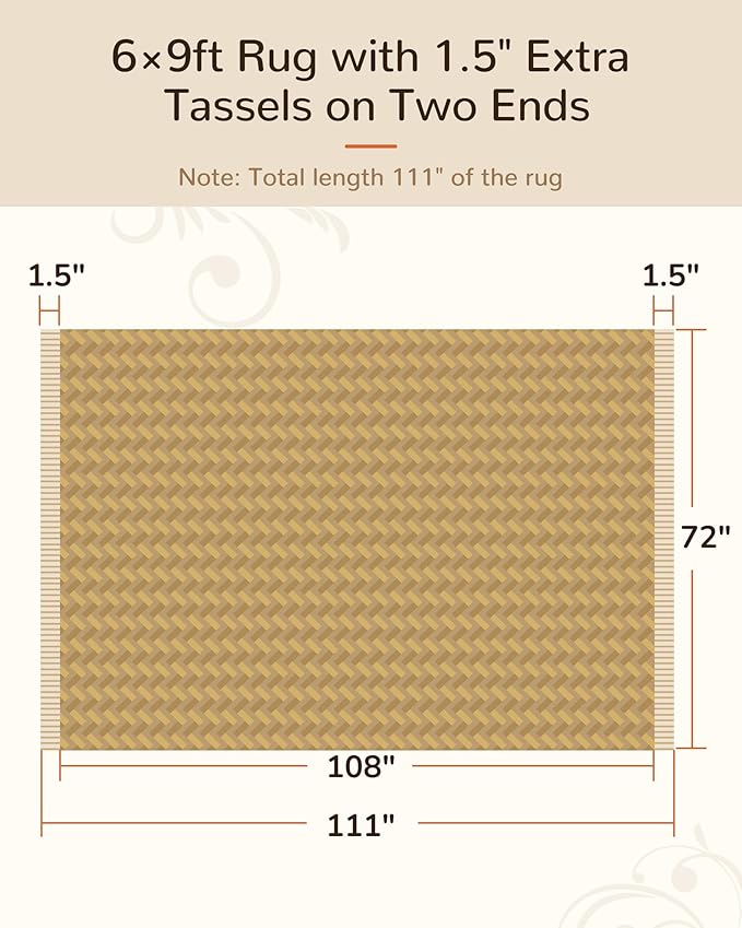 BESTSWEETIE 6x9 Washable Rug Hand-Woven Low Pile Soft Modern Farmhouse Bohemian Decor Reversible Braided Rugs with Tassels Throw Carpet for Living Room Bedroom Entryway Bathroom, Natural Jute