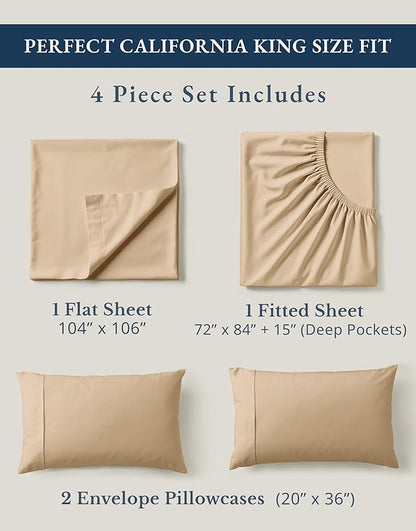 LANE LINEN 100% Organic Cotton Fully Elasticized California King Sheet Set, Low Pilling Fade Resistant Machine Washable Naturally Cooling Cal King Bedding Set, Soft & Comfy Cotton Sheets – Linen
