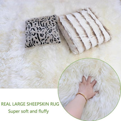 Woolous Large Sheepskin Rug, Genuine New Zealand Sheepskin Wool Mattress Topper or Soft Fluffy Ivory Shaggy Area Carpet for Bedroom, Living Room, 6.5 x 6.5 ft