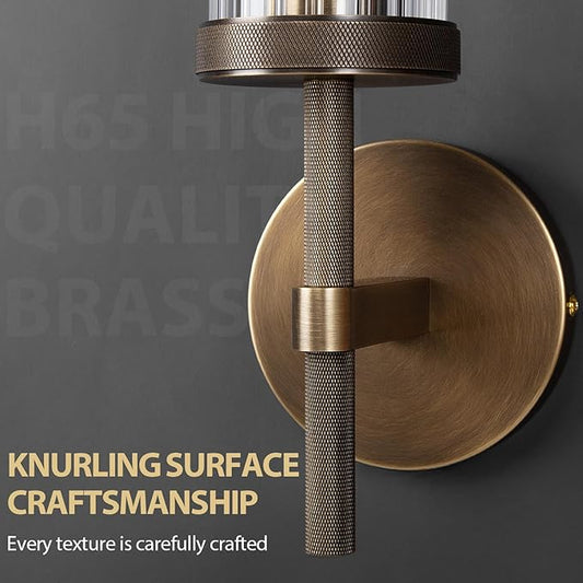 15" Knurled Brass Wall Sconces Set of 2, Bronze Bathroom Vanity Light Fixtures with Vertical Striped Glass Tube, Modern Lamp Lighting for Bedroom, Living Room, Hallway, Staircase, Mirror, Kitchen