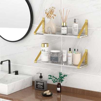 Clear Shelves, Gold Floating Shelves Wall Mounted Set of 2, 8mm Transparent Acrylic, Invisible Wall Shelves for Bedroom, Living Room, Bathroom, Kitchen, Office Display Decor (13in)