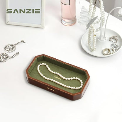 SANZIE Leather Tray Organizer Small Trays Decorative Tray Desktop Storage Premium Serving Tray Valet for Sundries Cosmetics Keys Phone Wallet Cutlery (Brown, Small)