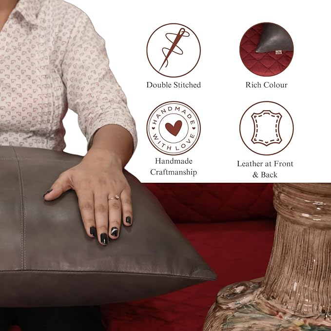 Lambskin Leather Pillow Cover - Sofa Cushion Case - Decorative Throw Covers for Living Room & Bedroom, 20x20 Inches - Grey Antique Plain Pack of 1