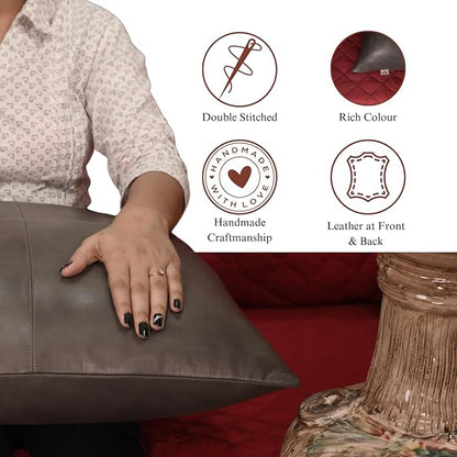 Lambskin Leather Pillow Cover - Sofa Cushion Case - Decorative Throw Covers for Living Room & Bedroom, 14x14 Inches - Grey Antique Plain Pack of 2