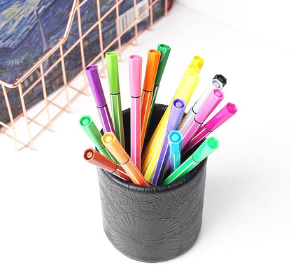 PU Leather Pen Holder Round Flash Makeup Brush Holder Desktop Pencil Storage Holder Gift for Desk Office Classroom Home(1-Carved Black)