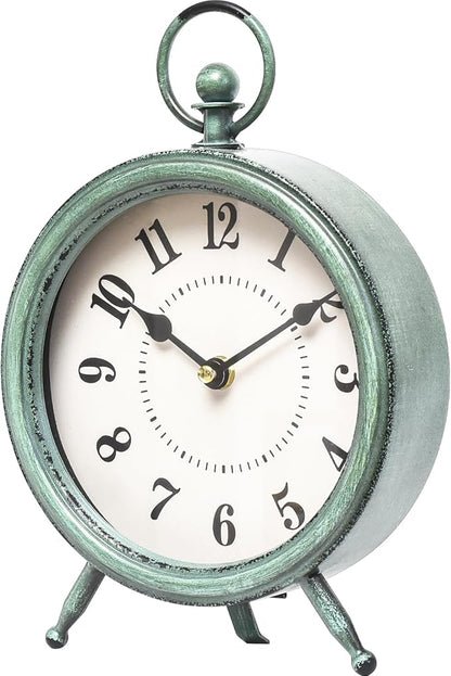 Vintage Rustic Green Table Clock on Stand, Decorative Desk and Shelf Clock，Decorative Battery Operated Table Top Clock for Living Room，Silent Non-Ticking