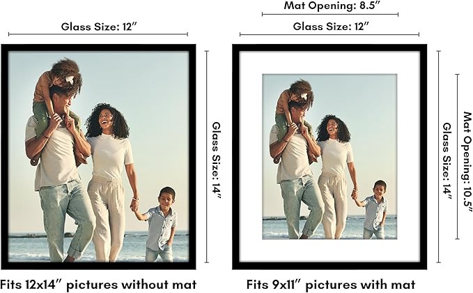 Americanflat 12x14 Picture Frame with Polished Plexiglass - Use as 9x11 Frame with Mat or Display 12x14 Photo Without Mat - Streamline Collection - Thin Border Picture Frames for Wall - Black