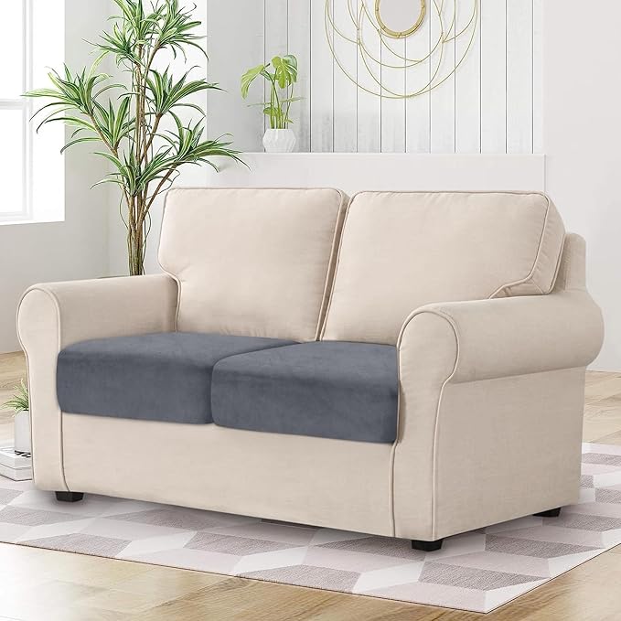 Couch Cushion Cover Velvet 2 Pieces Seat Cushion Cover Stretch LoveSeat Couch Covers Separate Sectional Sofa Slipcovers Furniture Protector (2-Seater or Backrest, Dark Grey)