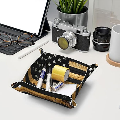 Valet Tray for Men Husband Boyfriend Boys – Catchall Bedside Vanity Tray, Nightstand Caddy Leather Holder for Keys, Phone, Wallet, Coins, Trinkets & Jewelry Wood American Flag 023
