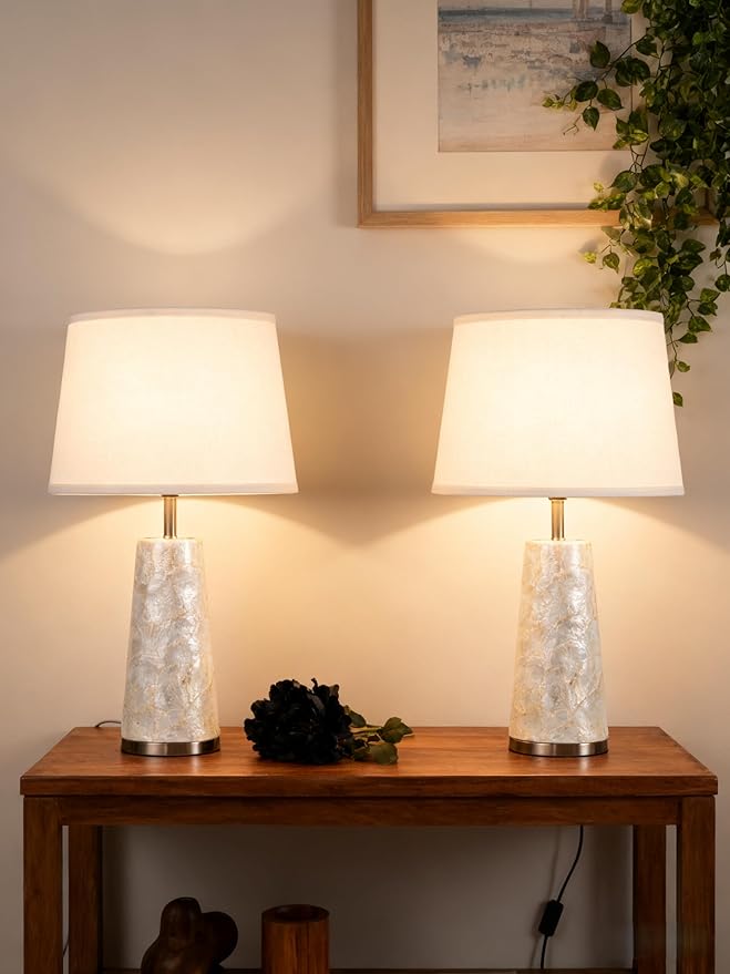 Coastal Table Lamps for Bedroom Nightstand Set of 2, Touch Control Ocean Beach Nautical Seashell Lamp, Modern Sea Shell Bedside Night Stands Light for Beachy Cottage Farmhouse Decor (Silver)