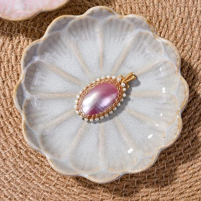 Ceramic Ring Dish Holder Jewelry Tray Trinket Tray Vintage Lotus Shaped Small Decorative Jewelry Dish for Dressing Tables Earring Organizer (White and Pink)