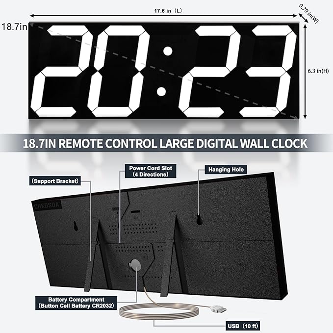 18.7in Large Digital Wall Clock,LED Digital Clock with Big Number,Multi-Function Remote Controlled Wall Clock with Timer, Alarm and Calendar Display(White)