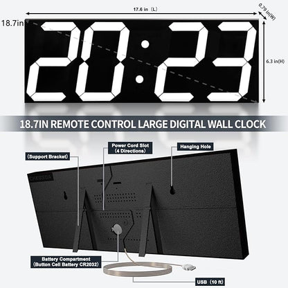 18.7in Large Digital Wall Clock,LED Digital Clock with Big Number,Multi-Function Remote Controlled Wall Clock with Timer, Alarm and Calendar Display(White)