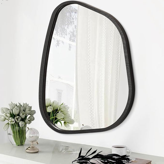 Irregular Bathroom Mirror Modern Oval Wall Mirror Asymmetrical Wooden Framed Wall Mirror Unique Shape Wall Mounted Vanity Artistic Mirror Decor for Living Room Bedroom Entryway Small 16"x12"