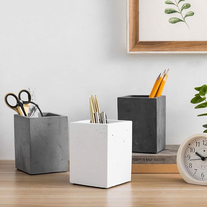 MyGift Pen Holder Pencil Holder For Desk,Pen Cup Holder For Desk,Concrete Desktop Pencil Cup,Modern Gray-Tone,Set of 3