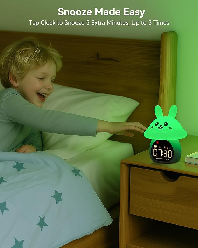 Yiliaw Sleep Training Alarm Clock with Night Light for Kids - Ok to Wake Clock with Dual Alarms, Night Light & RGB Colors, 6 Alarm Tones & White Noise, Rechargeable Clock for Boys & Girls, Bunny