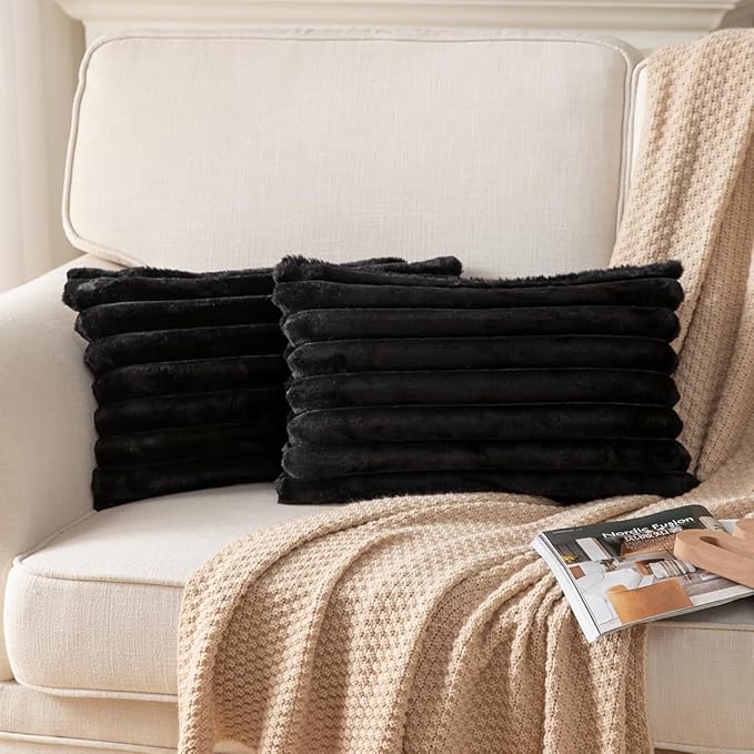DEELAND Pack of 2,Double-Sided Faux Fur Plush Decorative Throw Pillow Covers Fuzzy Striped Soft Pillowcase Cushion Covers for Sofa Couch Bedroom Black 12x20 inch