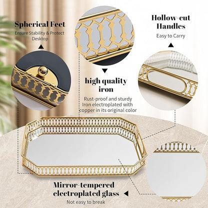 Vintage Gold Mirrored Vanity Mirror Tray Decorative Perfume and Makeup Organizer with Handles for Dresser,Bathroom or Jewelry Display, Decor Home Large Size