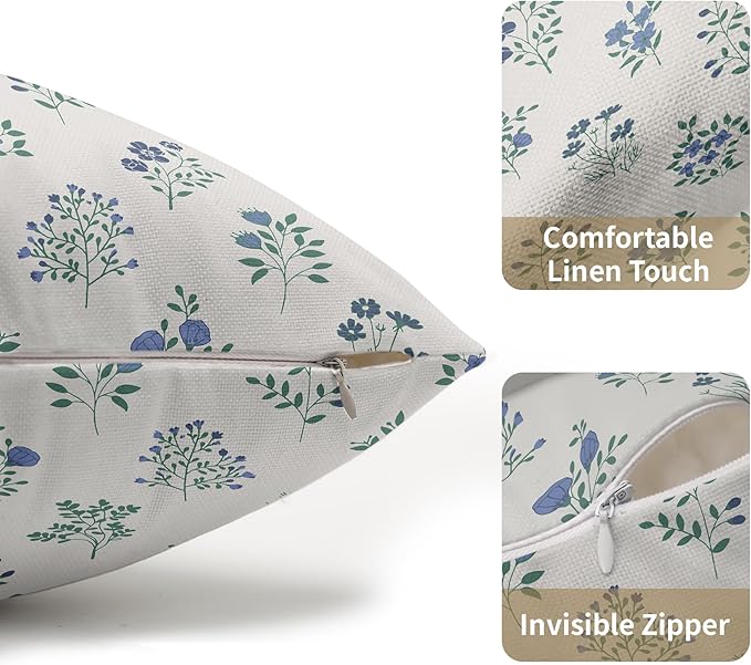 Blue Green Block Print Pillow Covers 12x20 Set of 2 Decorations Vintage Floral Throw Pillow Covers Decor Rustic Pillowcases Flower Pattern Farmhouse Cozy Soft for Sofa Bed Chair Home Decorative