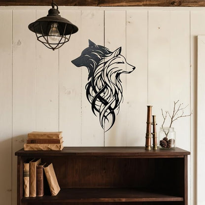 Metal Wolf Wall Art - Yin Yang Black White Dual Wolf Heads Metal Wall Decor, Rustic Home Decor for Cabin Lodge, Office, Living Room, bathroom, Man Cave, 15.7x10.6 Inch, Housewarming Gift for Men