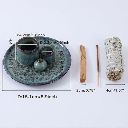 5 in 1 Incense Holder Burner, 5.9" Ceramic Holder for Burning Palo Santo Sage Candle and Incense Sticks Cones, Ash Catcher Tray for Meditation Room Home Décor (Bluegrey)