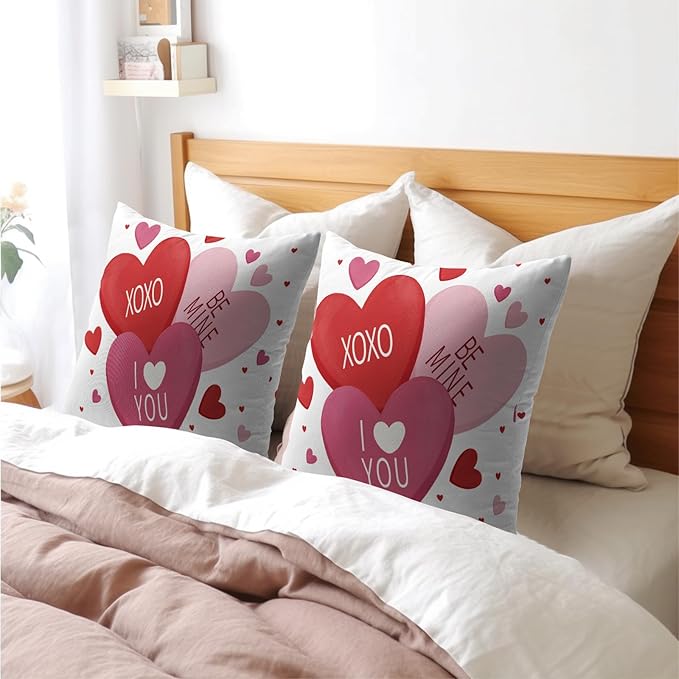Valentines Day Pillow Covers 20x20 Set of 2 White Pink Heart Throw Pillow Covers Love Pillowcase Linen Decoration Farmhouse Holiday Cozy Soft Cushion Case Couch for Indoor Outdoor Home Decor