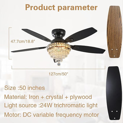 Crystal Ceiling Fan Fandelier with Lights-Ceiling Fans,50" Low Profile and Remote Control, Flush Mount, Reversible, Dimmable, Noiseless, Black Ceiling Fan for Bedroom