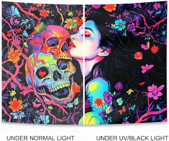 seewan Black Light Skeleton and Girl Tapestry, Glow-in-the-Dark UV Neon Woman Kissing Skeleton Wall Hanging, Psychedelic Life and Death Art Tapestry, Bedroom Dorm Living Room Background Decor