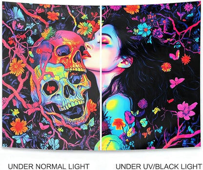 seewan Black Light Skeleton and Girl Tapestry, Glow-in-the-Dark UV Neon Woman Kissing Skeleton Wall Hanging, Psychedelic Life and Death Art Tapestry, Bedroom Dorm Living Room Background Decor