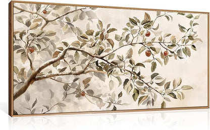 HLNIUC Apple Tree Vintage Framed Wall Art Set, Botanical Branch Canvas Wall Decor, Rustic Farmhouse Leaves Wall Painting, Retro Nature Plant Art Print for Living Room, Bedroom, Office - 40"x20"x1
