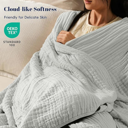 PHF Cooling Muslin Blanket Queen Size 90"x80", 6-Layer Lightweight Gauze Blanket Made from 35% Rayon Derived from Bamboo & 65% Cotton, Breathable & Ultra Soft Cozy for Hot Sleepers, Harbor Mist