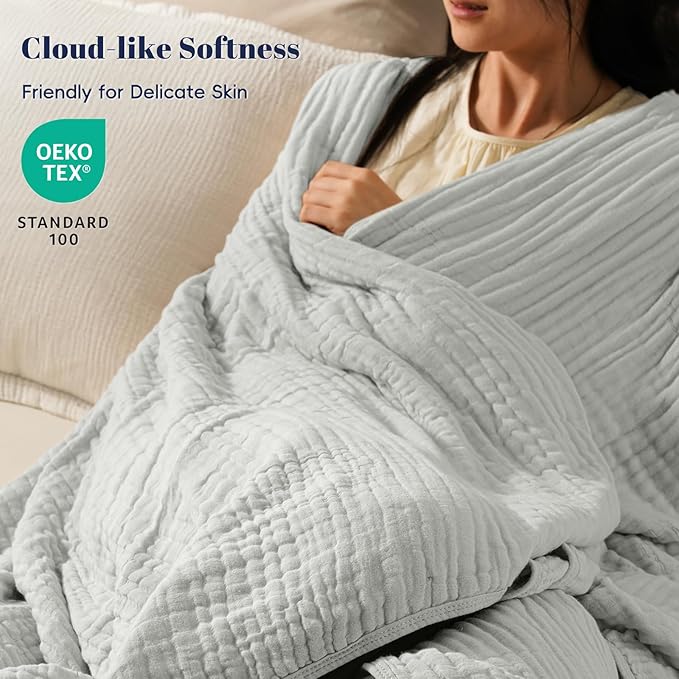 PHF Cooling Muslin Blanket King Size 104"x80", 6-Layer Lightweight Gauze Blanket Made from 35% Rayon Derived from Bamboo & 65% Cotton, Breathable & Ultra Soft Cozy for Hot Sleepers, Harbor Mist
