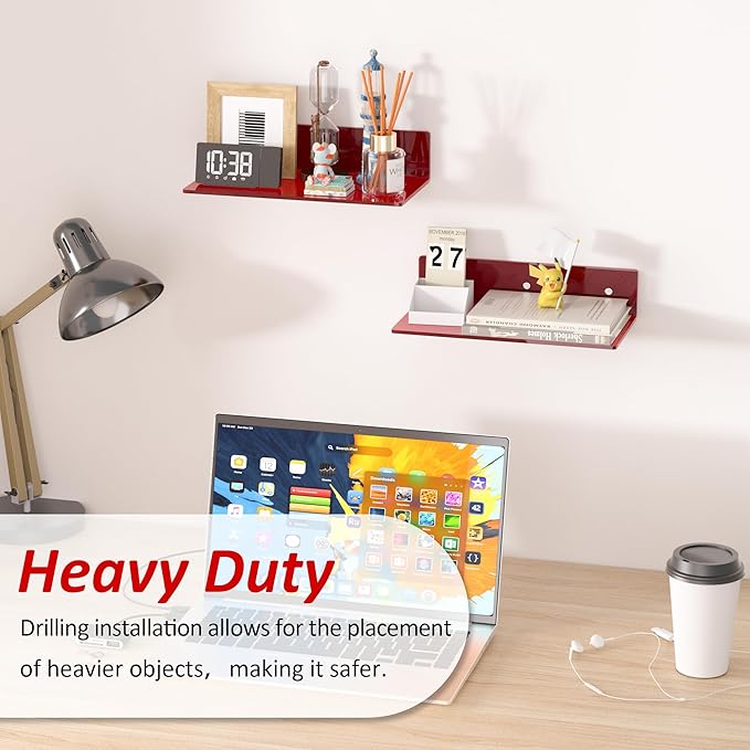Sezanrpt 12 Inches Red Small Wall Shelves, Acrylic Bathroom Floating Shelves for Living Room, Bathroom, Bedroom, 2 Pack