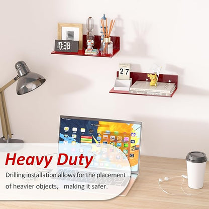 Sezanrpt 12 Inches Red Small Wall Shelves, Acrylic Bathroom Floating Shelves for Living Room, Bathroom, Bedroom, 2 Pack