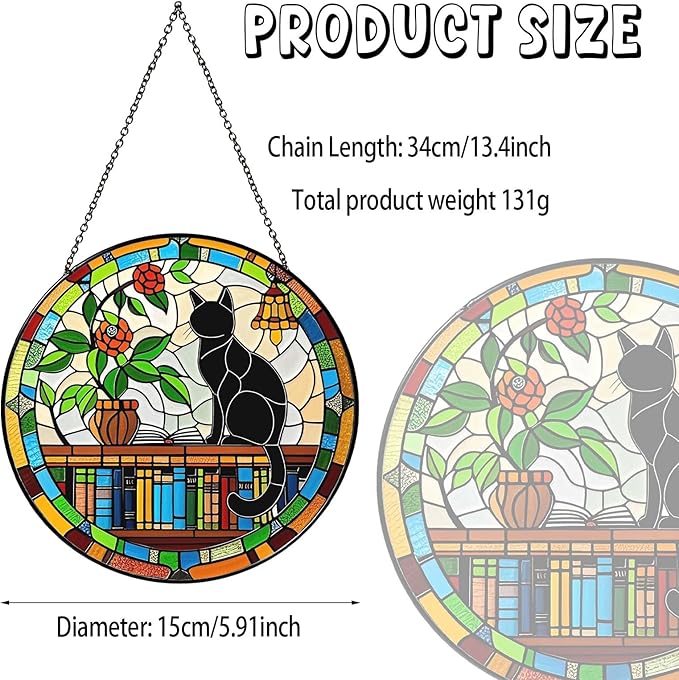 Cat Sun Catcher Stained Glass Window Hanging 6'', Book Lover Gifts for Women Book Wall Decor Handmade Sun Catcher Black Cat Sitting On Bookshelf Decoration for Home Room Housewarming Gifts