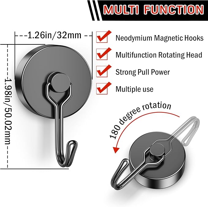 FINDMAG 100 LBS Magnetic Hooks Heavy Duty, 20 Pack Extra Strong Magnetic Hooks for Hanging, Neodymium Magnet with Hook for Cruise Cabins, Large Magnetic Swivel Hooks for Garage, Kitchen, Office, Grill