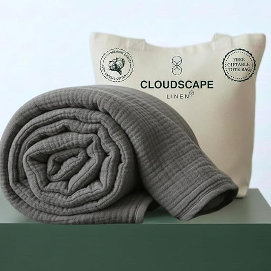 Luxury 100% Cotton Muslin Blanket Queen Size, 4 Layer Oversized 90x90 Fits Upto Full Size Bed, Layering Winter Blankets for Bed, Soft Cotton Gauze Quilt, All Season Sharkskin Bedding