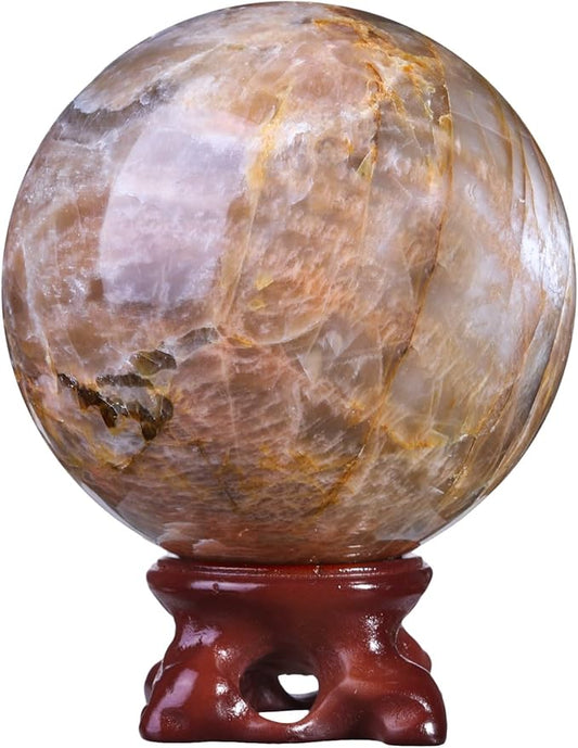 moonsix Natural Orange Moonstone Crystal Sphere with Resin Stand Healing Energy Stone Decorative Ball Sculpture for Home Office Tabletop, 71-80 mm