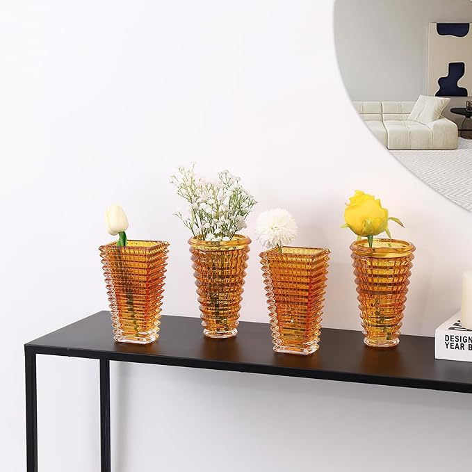 MCMCNCUIU Crystal Flower Vase Set of 4, Glass Vases for Centerpieces, Amber Vases for Flowers, Small Vase for Living Room, Bedroom, Kitchen, Office, Wedding
