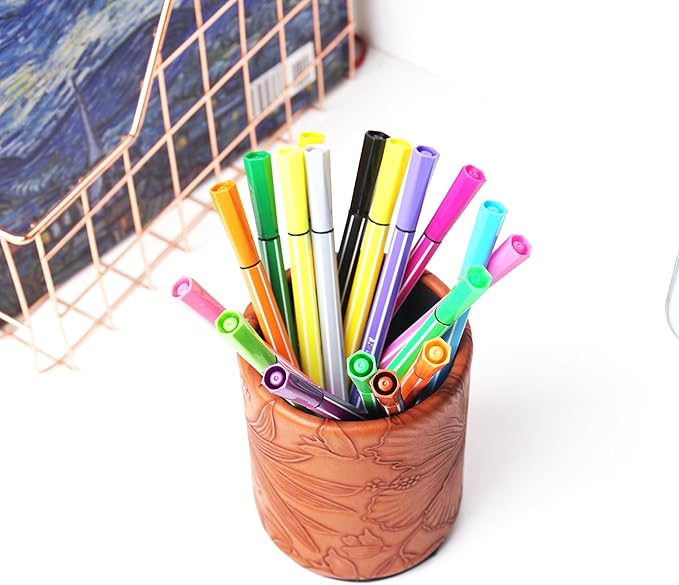 PU Leather Pen Holder Round Flash Makeup Brush Holder Desktop Pencil Storage Holder Gift for Desk Office Classroom Home(1-Carved Brown)